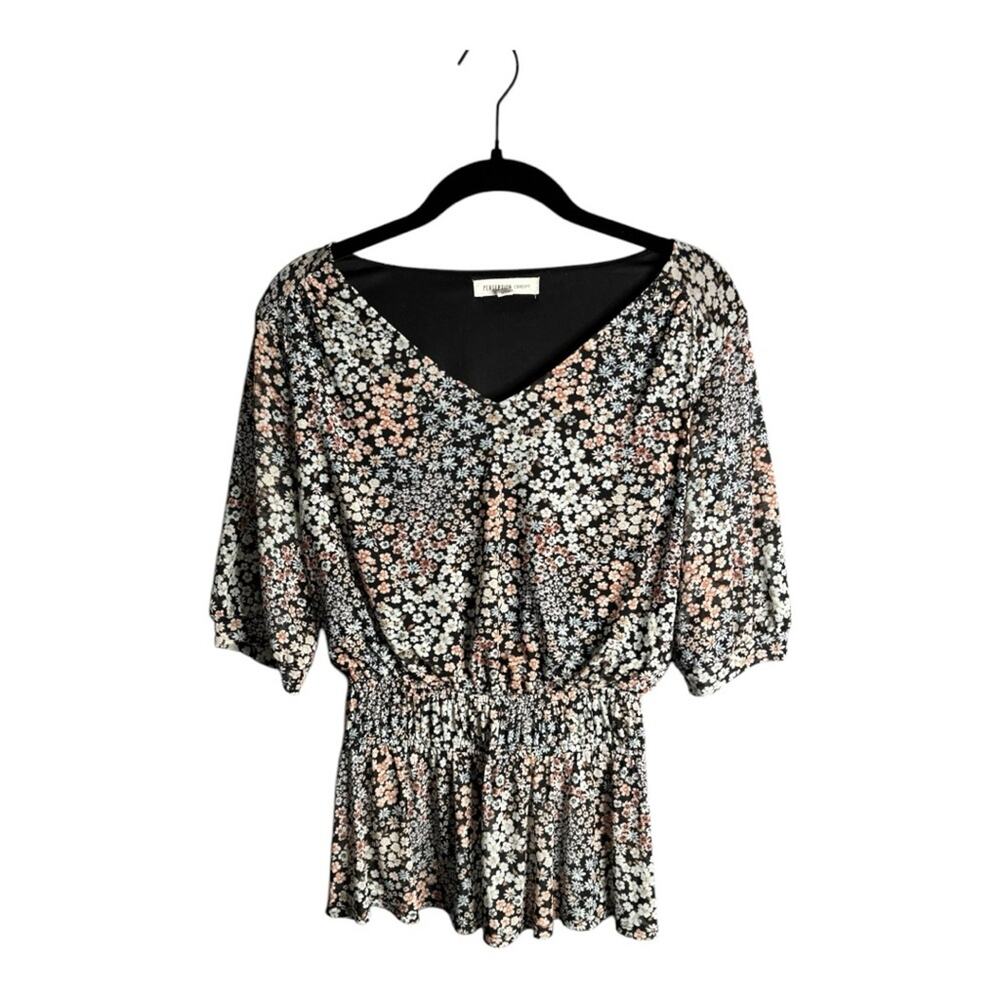 Perseption Concept Blue Pink Floral Peplum Blouse V Neck Small
